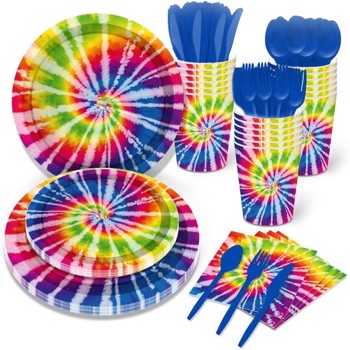 Tie Dye Party Supplies Birthday Dinnerware Paper Plates Ombre Rainbow Pastel Water Color Theme Disposable Round Hippie Dessert Plates Tableware Set Cutlery Serves 8 Guests Napkins, Cups 68PCS