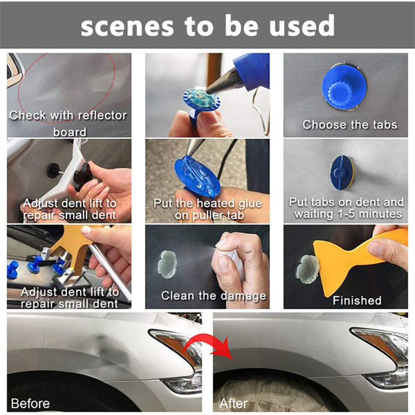 124pcs Auto Dent Puller Kit, Adjustable Width Dent Remover Tools Golden Lifter & Glue Gun for Automobile Body Motorcycle Refrigerator& Small Ding Hail Dent Removal