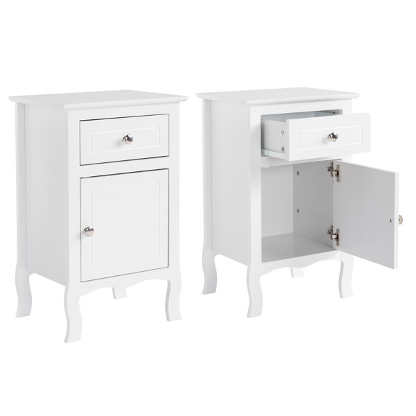 FCH 2pcs 40*30*63cm Country Style MDF Spray Paint Curved Feet One Draw One Door Night Table White