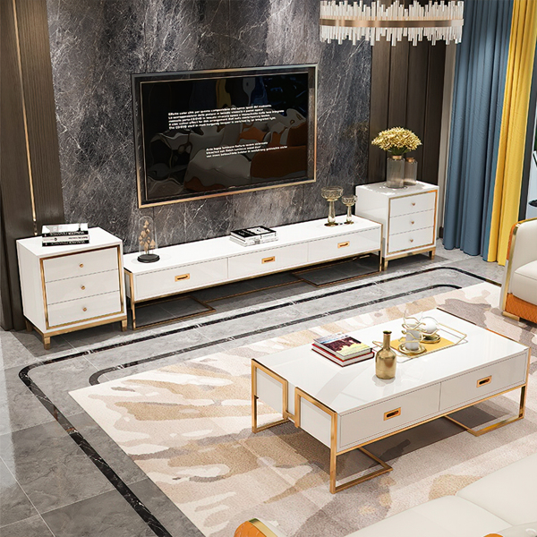 Modern Rectangular Coffee Table with 4 Drawers, Tempered Glass Coffee Table with Lacquer Gold Base, 51.18", White
