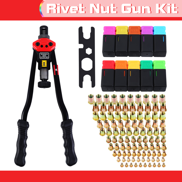 Rivet Nut Tool, 16" Rivnut Kit Nutsert Tools Hand Blind Riveter with 110Pcs Rivet Nuts M3 M4 M5 M6 M8 M10 M12 10-24 1/4-20 3/8-16 5/16-18