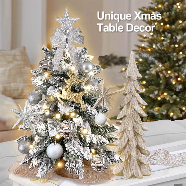 Exquisite Christmas Tree with LED Lights, 2ft Small Tabletop Mini White Artificial Xmas Tree with Christmas Ornaments