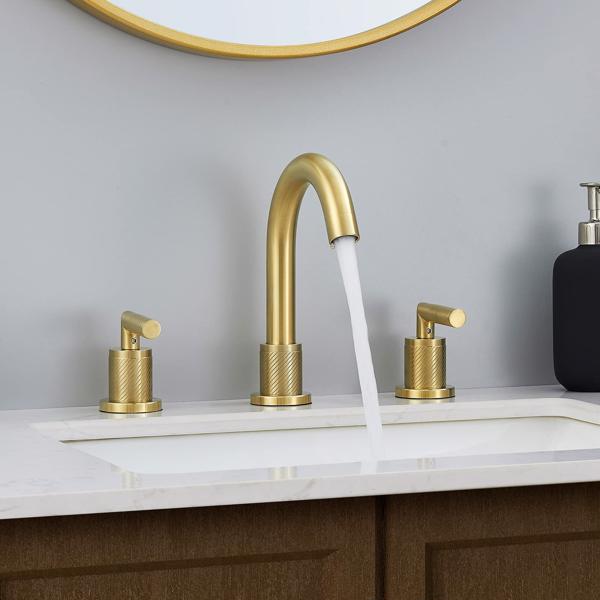 Gold Bathroom Faucet 2 Handle 8 Inch Bathroom Sink Faucets Stainless Steel 3 Hole Widespread with Pop Up Drain and Water Supply Hoses, Brushed Gold[Unable to ship on weekends, please place orders with