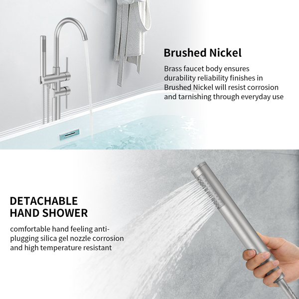 Floor Mount Bathtub Faucet Freestanding Tub Filler Brushed Nickel Standing High Flow Shower Faucets with Handheld Shower Mixer Taps Swivel Spout[Unable to ship on weekends, please place orders with ca