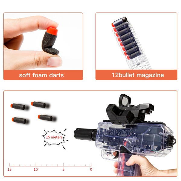 Toy Gun for Nerf Guns Darts, Automatic Burst Tachine Gun Rapid Firing Automatic Toy Guns,24 Bullets Full Auto Toy Gun with Removable Magazine,Great as a Gift for Kids (Transparent Uzi)