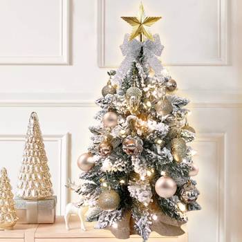 Mini Christmas Tree with Lights Artificial 22 inches Small Tabletop Christmas Tree with Flocked Snow, Exquisite Decor & Xmas Decorations for Table Top for Home & Office, Gold