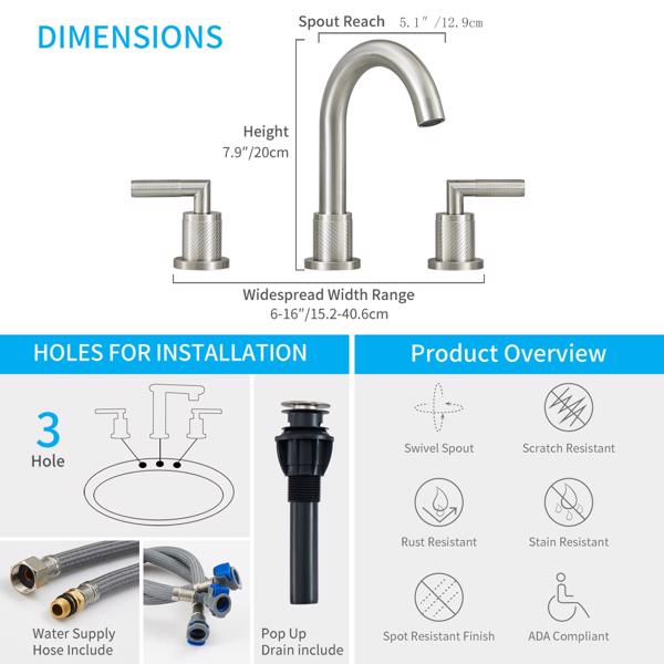 Bathroom Faucet 2 Handle Brushed Nickel Bathroom Sink Faucet Widespread 3 Hole 360° Swivel Spout Modern Sink Basin Faucets 8 inch[Unable to ship on weekends, please place orders with caution]