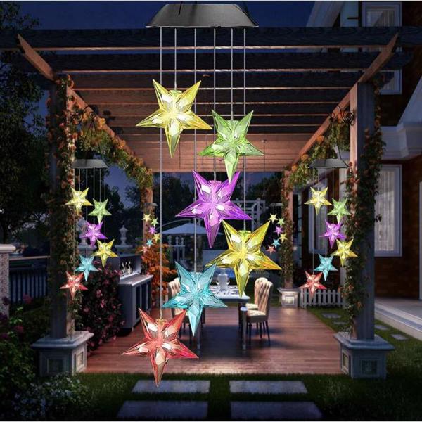 Wind Chime Solar Light Color Changing LED Solar Mobile Blue Star Wind Chime Solar Light Wind Mobile Portable Waterproof Outdoor Decorative Romantic Wind Bell Light for Patio Garden Home Party（No shipp