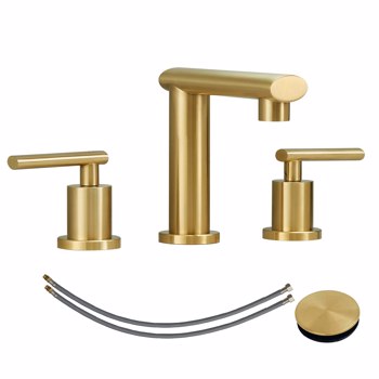 Brushed Gold 3-Hole Low-Arch 8 Inch Widespread Bathroom Faucet, Vanity Sink Faucet with Metal Pop Up Drain Assembly and Water Supply Lines for Lavatory[Unable to ship on weekends, please place orders 