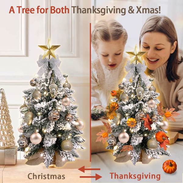 2ft Mini Christmas Tree with Light Artificial Small Tabletop Thanksgiving Decoration with Flocked Snow, Christmas Decor & Xmas Ornaments for Table Top for Home & Office