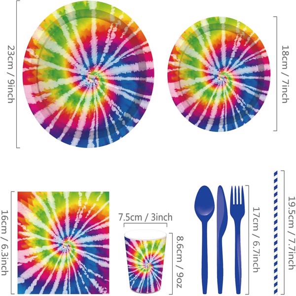 Tie Dye Party Supplies Birthday Dinnerware Paper Plates Ombre Rainbow Pastel Water Color Theme Disposable Round Hippie Dessert Plates Tableware Set Cutlery Serves 8 Guests Napkins, Cups 68PCS