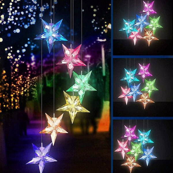 Wind Chime Solar Light Color Changing LED Solar Mobile Blue Star Wind Chime Solar Light Wind Mobile Portable Waterproof Outdoor Decorative Romantic Wind Bell Light for Patio Garden Home Party（No shipp