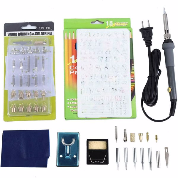 77Pcs Wood Burning Kit with Soldering Iron, Stencils Carving Iron Tip DIY Creative Tool Set Soldering Pyrography Wood Burning Pen with Adjustable Temperature for Embossing Carving Tips