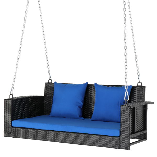 49in Black Rattan   Blue Cushion Rattan Swing Chair（Swing frames not included）