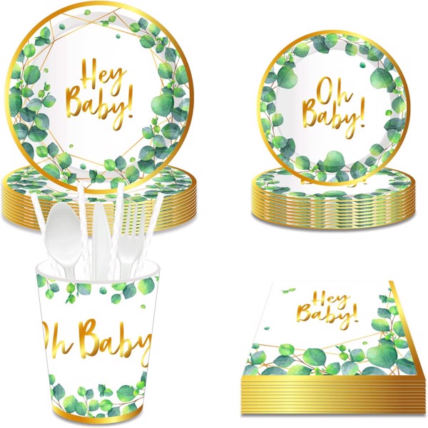 Sage Green Baby Shower Plates Hey Baby Gold Eucalyptus Oh Baby Birthday Tableware Green Floral Disposable Paper Plate Party Supplies Serves 8 Guests for Kids Cutlery Plates Napkin Cups Set 68PCS