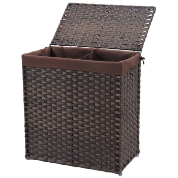Divided Laundry Hamper,  Synthetic Rattan Handwoven Clothes Laundry Basket with Lid and Handles, Foldable, Removable Liner Bag, Brown