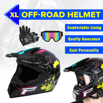 DOT Adult Motorcycle Helmet w/ Goggles & Gloves Off-Road Dirt Bike ATV UTV