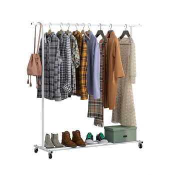 Garment Rack With Wheels;  Clothing Rack with Mesh Storage Shelf;  Capacity 80 lbs;  2 Brakes;  Sturdy Steel Frame;  Black