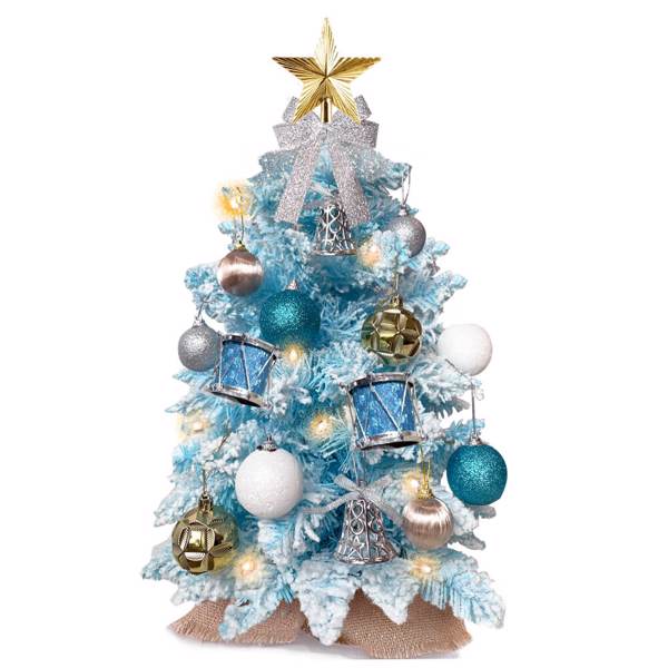 2ft Mini Christmas Tree with Light Artificial Small Tabletop Blue Christmas Decoration with Flocked Snow, Exquisite Decor & Xmas Ornaments for Table Top for Home & Office 