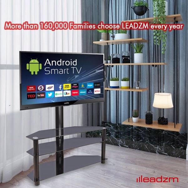 Leadzm TSG002 32-65" Corner Floor TV Stand with Swivel Bracket 3-Tier Tempered Glass Shelves 