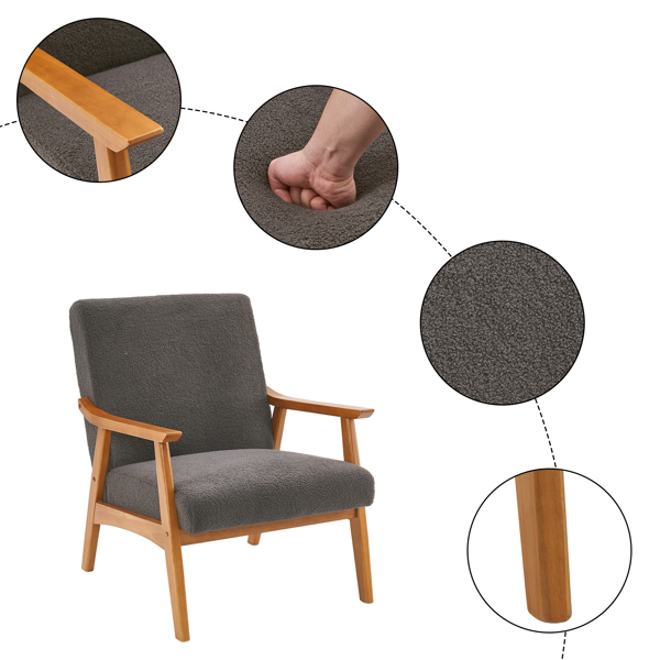 Solid Wood Armrest Teddy Velvet Simple Single Indoor Lounge Chair Backrest Dark Grey
