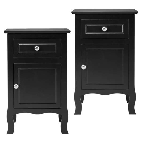  2pcs 40*30*63cm Country Style MDF Spray Paint Curved Feet One Draw One Door Night Table Black