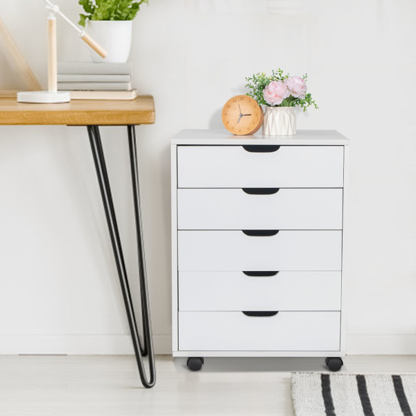 5-Drawer Wood Filing Cabinet, Mobile Storage Cabinet for Closet / Office White Color 
