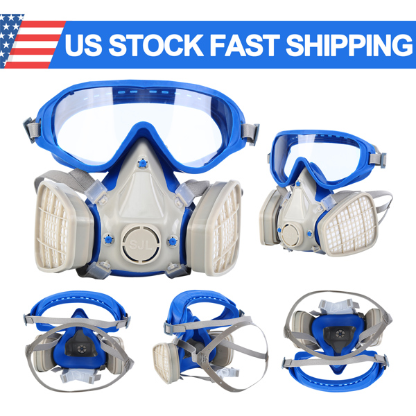 Reusable Respirator Full Facepiece Gas Mask Face Cover, Professional Breathing Protection with Goggles Against Paint Gas Dust Organic Vapors, for Painting Polishing Gas Decoration Welding, Blue