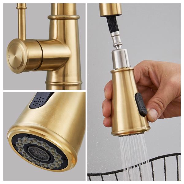 Gold Kitchen Faucet with Pull Down Sprayer, Brushed Gold Kitchen Sink Faucets 1Handle Single Hole Deck Mount High Arc 360 Degree Swivel Pull Out Kitchen Faucets[Unable to ship on weekends, please plac