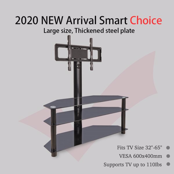 Leadzm TSG002 32-65" Corner Floor TV Stand with Swivel Bracket 3-Tier Tempered Glass Shelves 