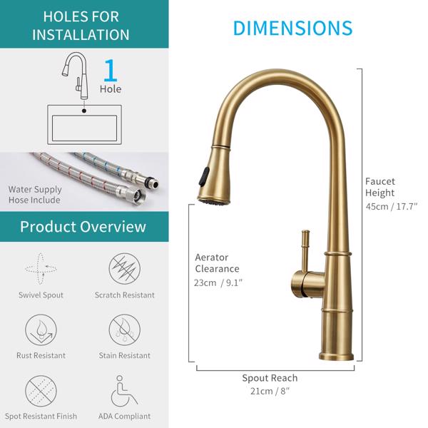 Gold Kitchen Faucet with Pull Down Sprayer, Brushed Gold Kitchen Sink Faucets 1Handle Single Hole Deck Mount High Arc 360 Degree Swivel Pull Out Kitchen Faucets