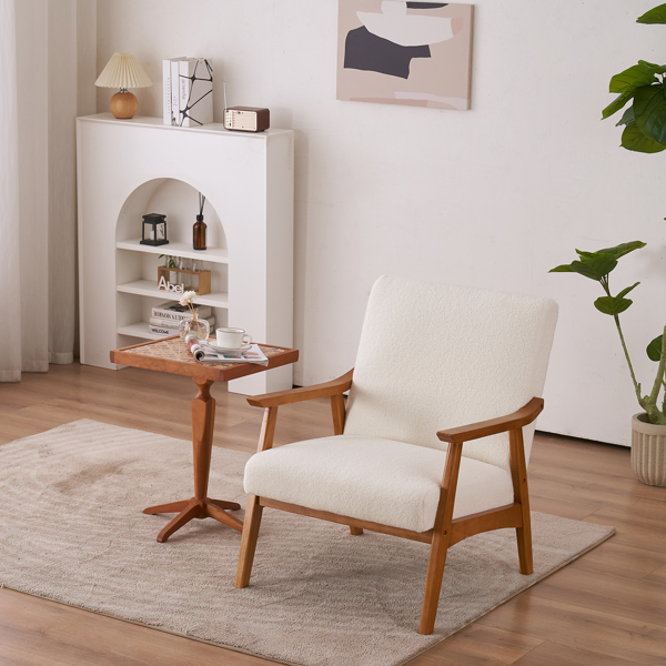 Solid Wood Armrest Teddy Velvet Simple Single Indoor Lounge Chair Backrest Creamy-White
