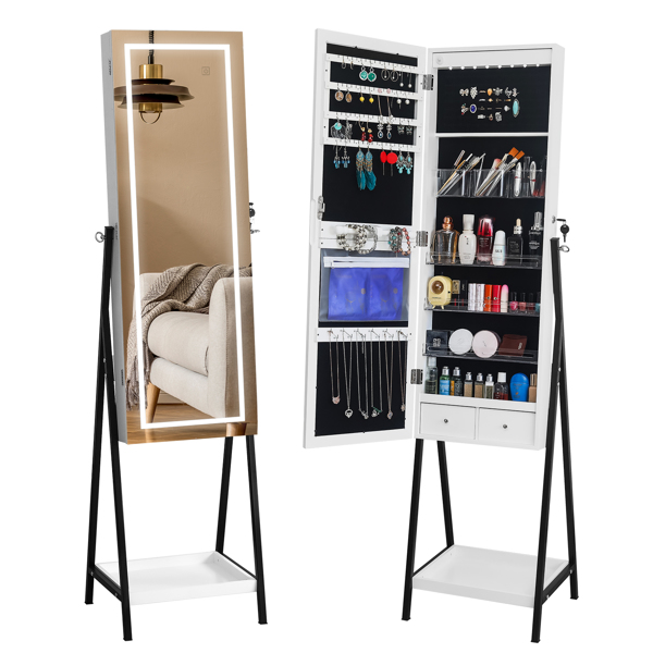 Full mirror wooden floor type with 1 shelf,  3-color led mirror lamp, 8 white interior lamp beads, jewelry storage mirror cabinet - white