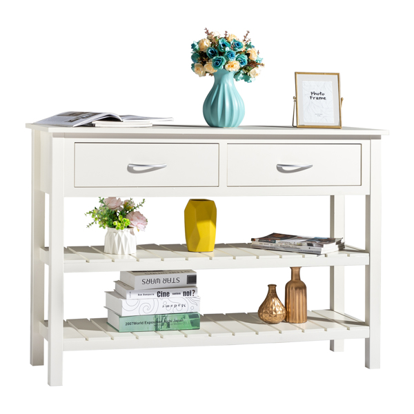 3-Tier Console Table with 2 Drawers， Console Tables for Entryway, Sofa Table with Storage Shelves, Entryway Table Behind Sofa Couch, for Living Room, Kitchen, Cream White