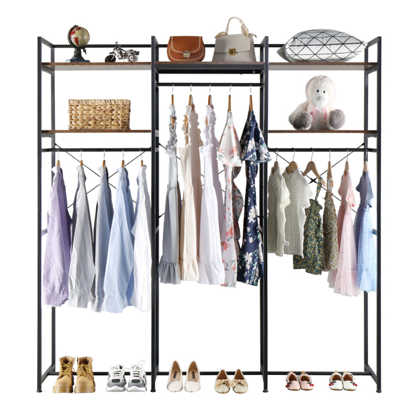 Stand Alone Wardrobe Organizer,Suspender Wardrobe Hanger And Multiple Storage Racks, Heavy Metal Wardrobe Storage Hanger For Bedroom-Black  Vingtage Walnut