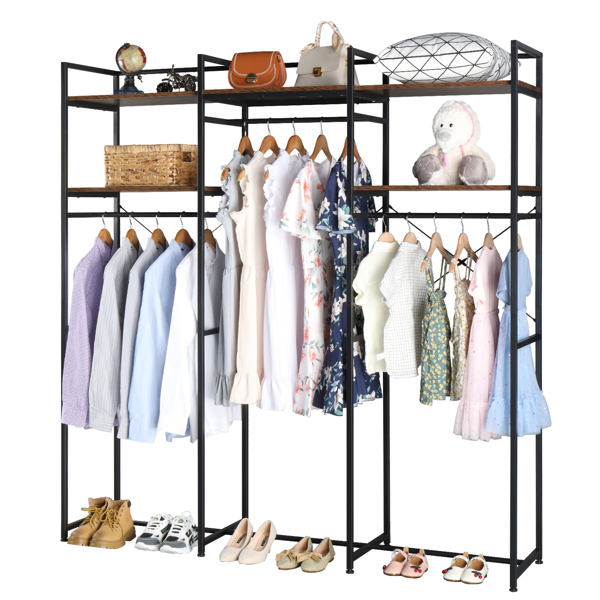 Stand Alone Wardrobe Organizer,Suspender Wardrobe Hanger And Multiple Storage Racks, Heavy Metal Wardrobe Storage Hanger For Bedroom-Black  Vingtage Walnut