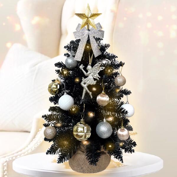 2ft Mini Christmas Tree with Light Artificial Small Tabletop Black Christmas Decoration with Flocked Snow, Exquisite Decor & Xmas Ornaments for Table Top for Home & Office