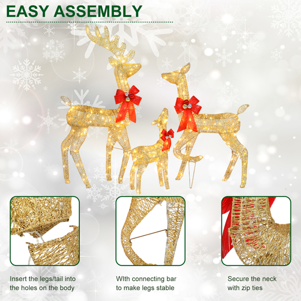 3pcs 54*38*122cm 30.00V 3.60W Family Elk Golden Iron Frame Cotton Thread Green Onion Powder Courtyard Elk Decoration