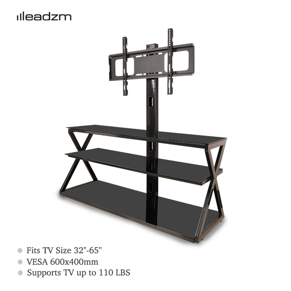 Leadzm TSG001 32-65" Corner Floor TV Stand with Swivel Bracket 3-Tier Tempered Glass Shelves 
