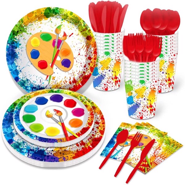 Artist Painting Party Supplies Birthday Paper Plates Disposable Tableware Set Art Palette Paint Dinnerware Baby Showers Party Cutlery Serves 8 Guests for Kids Dinner Plates, Napkins, Cups 68PCS