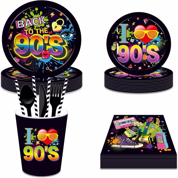90s Birthday Paper Plates Party Skating Post Tape Audio Hip Hop Disposable Tableware Set Party Supplies Tissue Theme Cup Dinnerware Cutlery Kits Serves 8 Guests for Kids Napkins 68PCS
