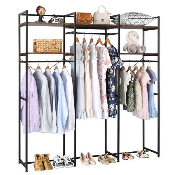 Stand Alone Wardrobe Organizer,Suspender Wardrobe Hanger And Multiple Storage Racks, Heavy Metal Wardrobe Storage Hanger For Bedroom-Black  Vingtage Walnut