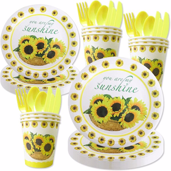 Sunflower Birthday Party Supplies Tableware Set Disposable Paper Plates Sunflower Theme Dinnerware Baby Shower Wedding Decoration Service for 10 Include Plates, Napkins, Forks, Knives, Spoons