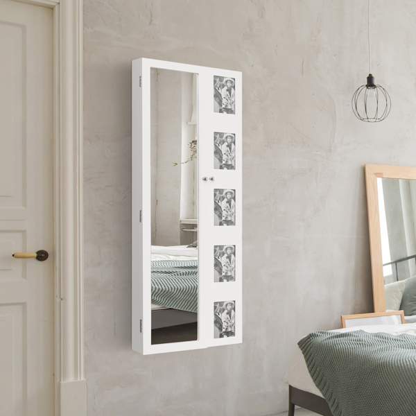Non Full Mirror Wooden Wall Mounted Mirror Cabinet With Photo Frame, Multi-Layer Storage And Jewelry Storage - White