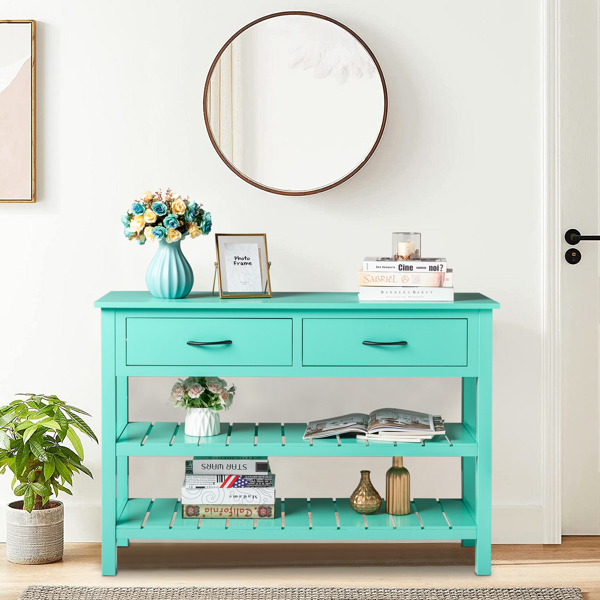 3-Tier Console Table with 2 Drawers， Console Tables for Entryway, Sofa Table with Storage Shelves, Entryway Table Behind Sofa Couch, for Living Room, Kitchen, Antique Blue