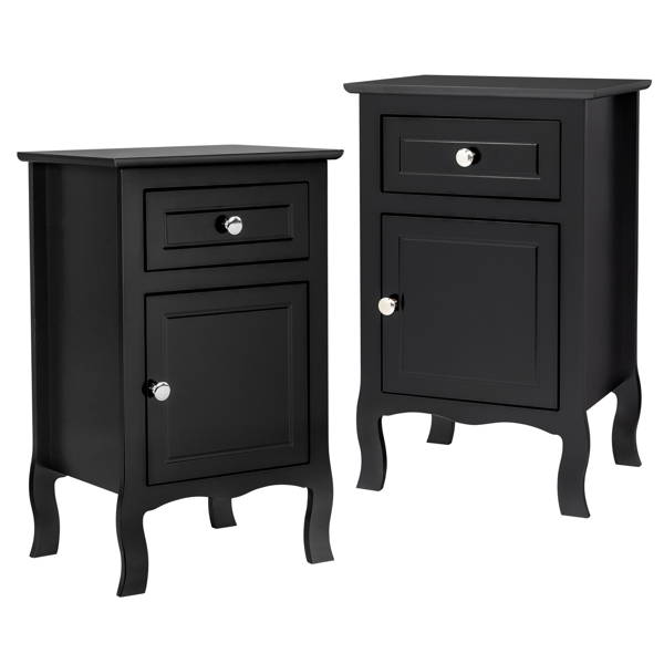  2pcs 40*30*63cm Country Style MDF Spray Paint Curved Feet One Draw One Door Night Table Black