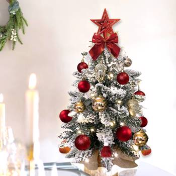 2ft Tabletop Christmas Tree with Light Artificial Small Mini Red Christmas Decoration with Flocked Snow, Exquisite Decor & Xmas Ornaments for Table Top for Home & Office, Red