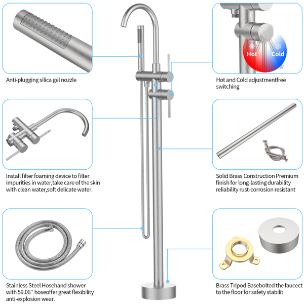 Floor Mount Bathtub Faucet Freestanding Tub Filler Brushed Nickel Standing High Flow Shower Faucets with Handheld Shower Mixer Taps Swivel Spout[Unable to ship on weekends, please place orders with ca