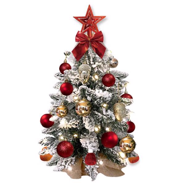 2ft Tabletop Christmas Tree with Light Artificial Small Mini Red Christmas Decoration with Flocked Snow, Exquisite Decor & Xmas Ornaments for Table Top for Home & Office, Red