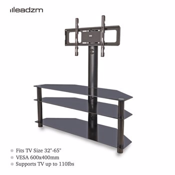 Leadzm TSG002 32-65\\" Corner Floor TV Stand with Swivel Bracket 3-Tier Tempered Glass Shelves 